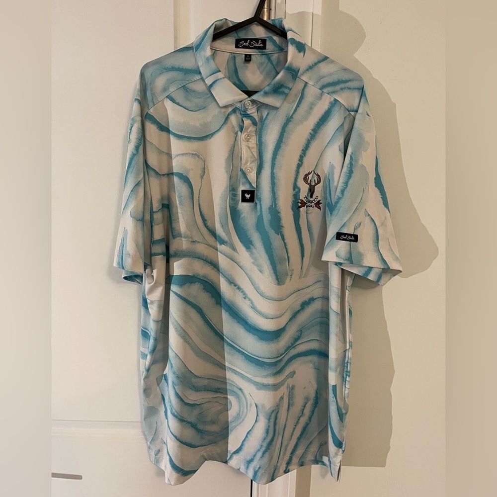 Blue Green Swirl Bad Birdie Swept Tobacco Road Pinehurst Area Golf polo shirt L - Picture 2 of 7